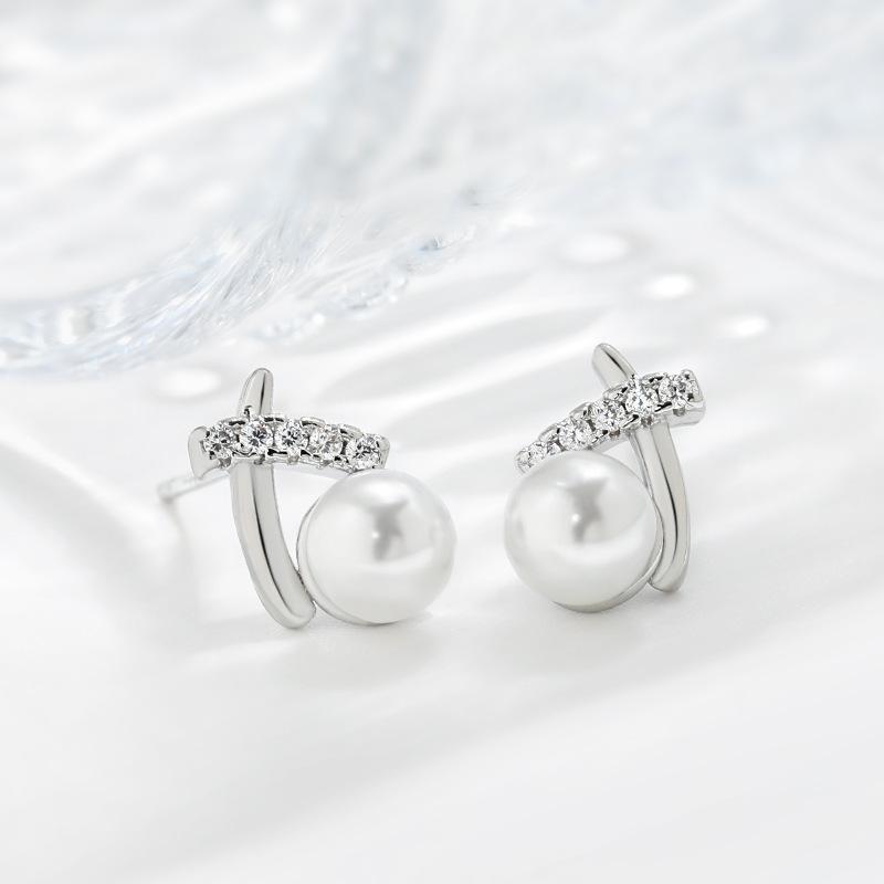 Small Lines X Earrings Japanese and Korean Version Diamond-set High-end Feel Personalized and Cold Style Letter Cross Pearl Earrings