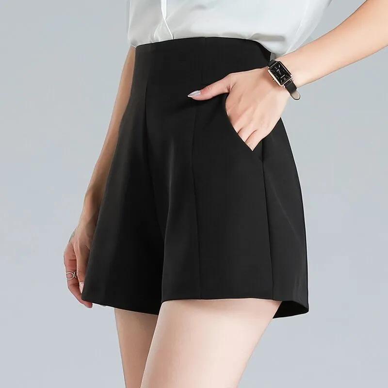 2024 Women s High Waist Wide-Leg Black A-line Slimming Korean Style Autumn Shorts M чёрный