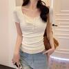 Women's Round Neck Short Sleeve Top Slim Fit Sexy Style Floral Fake Two Piece Ribbed T-shirt Casual Blouse