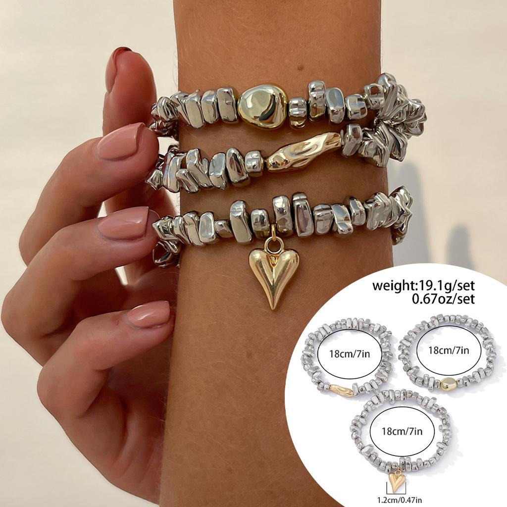 Sweet And Cool Wind Love Heart Pendant Bracelet, Irregular Design Ccb Beaded Elastic Bracelet.