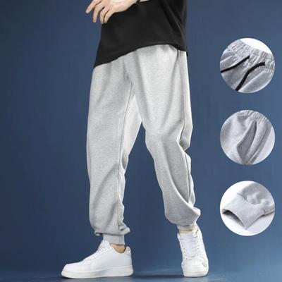 Men Fall Winter Pants Mid Elastic Waist Loose Ankle-banded Thick Plush Solid Color Pockets Warm Casual Ankle Length Sweatpants Long Sports Trousers