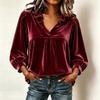 Women's Velvet Pullover Top with V-Neck and Ruffle