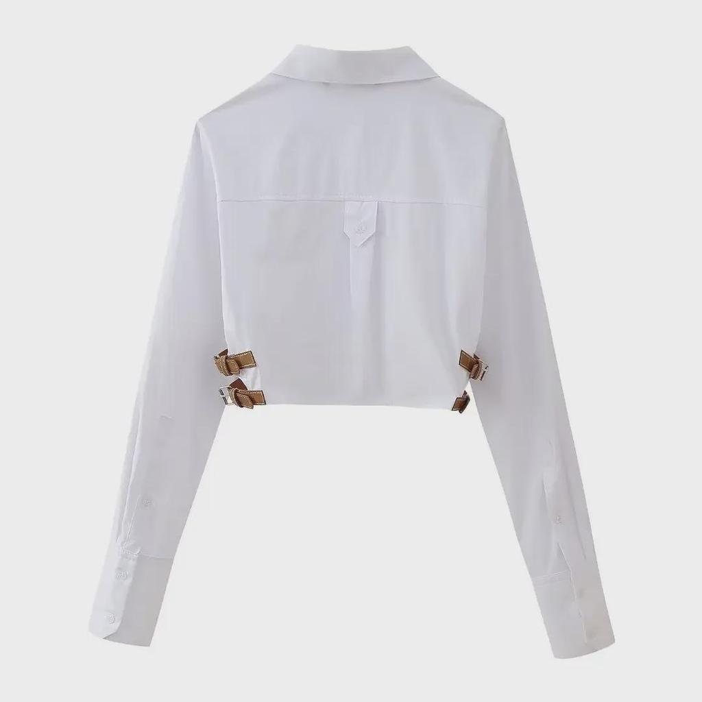 2024 Spring Women's White Lapel Short Shirt with Belt-Decorated Windbreaker Fabric