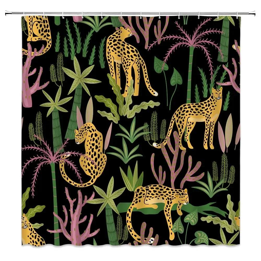 Boho Gepard Duschvorhang,Tropischer Leopard Wildtier Badevorhang,Moderner Rosa Ästhetik Mondphase Blau Floral Badezimmer Vorhang