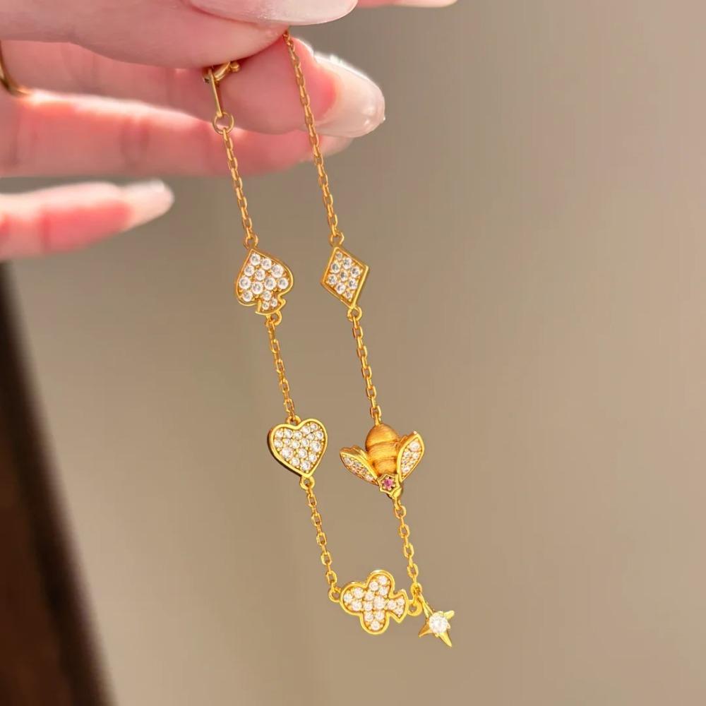 Women Jewelry Set Italian Crafted Bee Necklace Diamond Heart Bracelet Pink Gem Ring Earrings Fashion Accessories