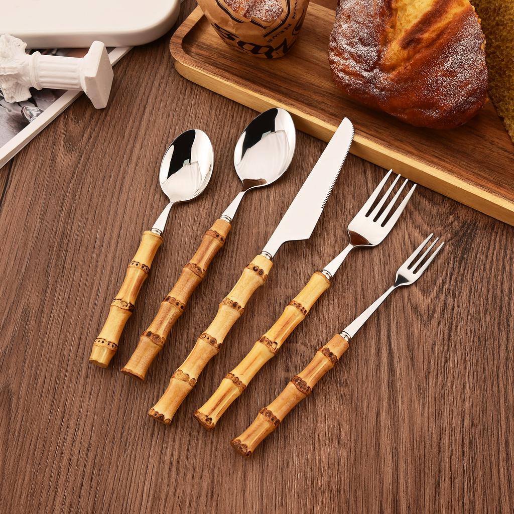 Příborová sada s bambusovou rukojetí, Nerezová příborová sada Nože Vidličky Lžíce Příbory pro Svatbu Domov Restauraci Večírek, 20 KS Servis pro 4 osoby