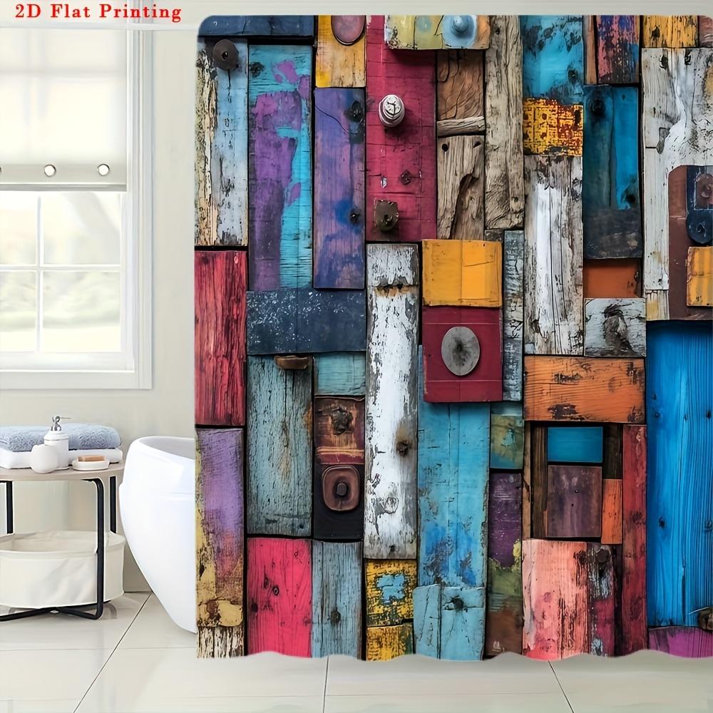 4Pcs 2D Flat Printing Patch Wooden Door Pattern Shower Curtain Set with Non-Slip Bath Mat, Toilet Lid Cover, Contour Rug & 12 Hooks, Bathroom Decor