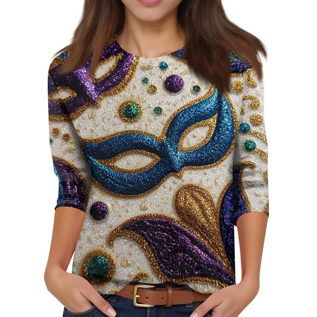 Top de Cuello con Estampado de Carnaval de Manga Tres Cuartos Casual y a la Moda para Mujer
