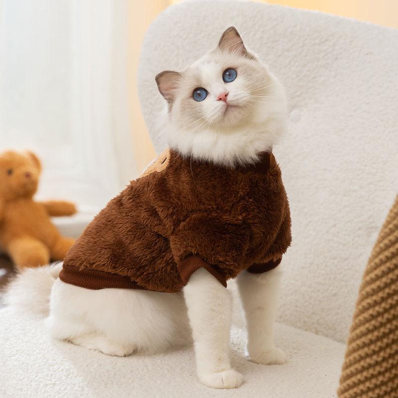 Cat clothes prevent hair loss in winter, cute Korean version of fashion bear sticker embroidered warm fleece dog pet cat clothing
