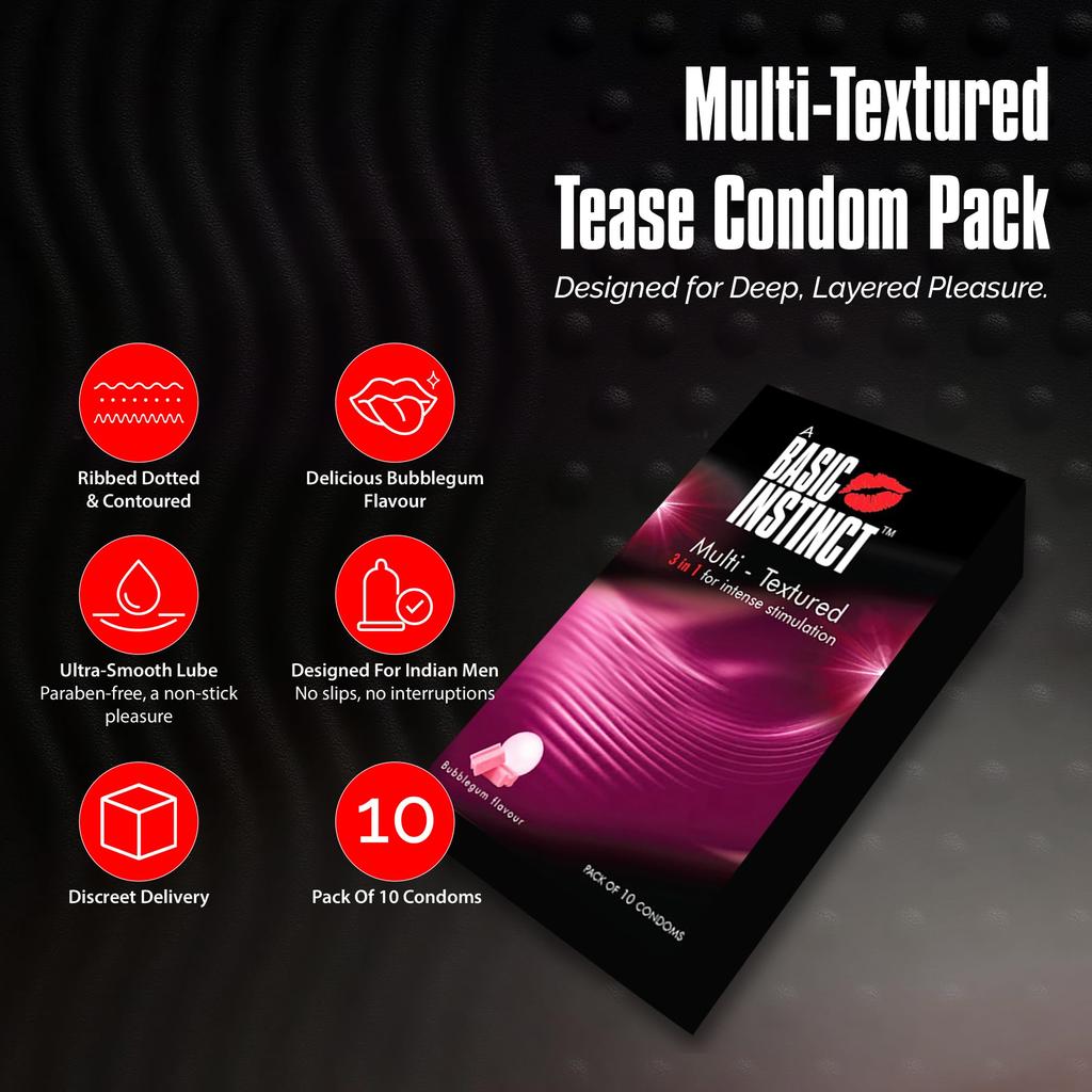 Basic Instinct Ultra Thin Condoms Multi Texture Bubble Gum Flavour 10Pcs, Multi Texture Strawberry Flavour 10 Pcs Multi Texture Bourbon Chocolate