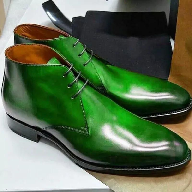 Cizme de modă pentru bărbați, maro, verde, cu șireturi, cizme de cowboy pentru afaceri, lucrate manual, pantofi înalți pentru gleznă, piele Pu Bota Masculina