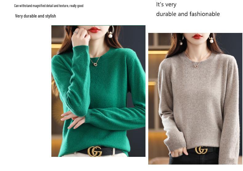 Women's Pure Wool Hollow Knit Round Neck Sweater - Stylish Autumn & Winter Pullover