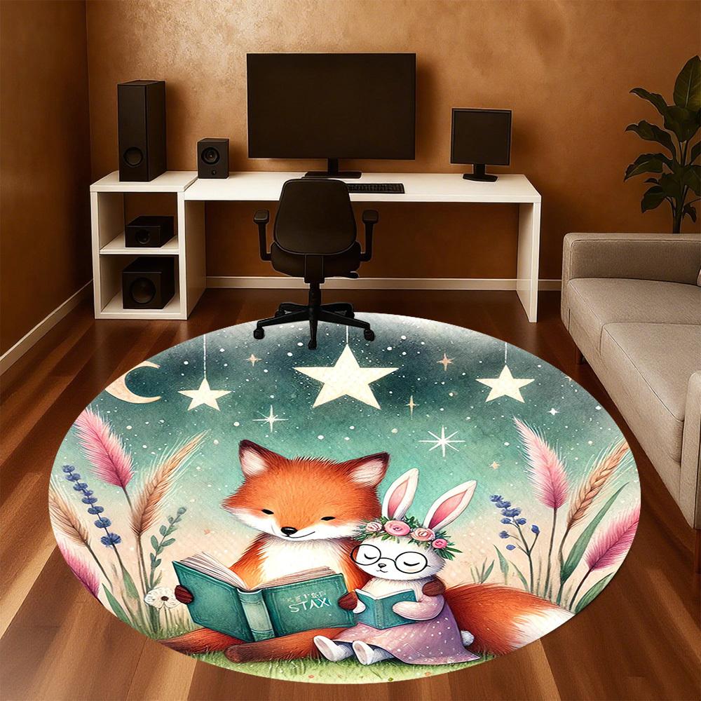 1pc Fox Rabbit Round Chair Mat Area Rug - Non-Slip, Floor Mat for Office, Bedroom, and Indoor Decor -1002059