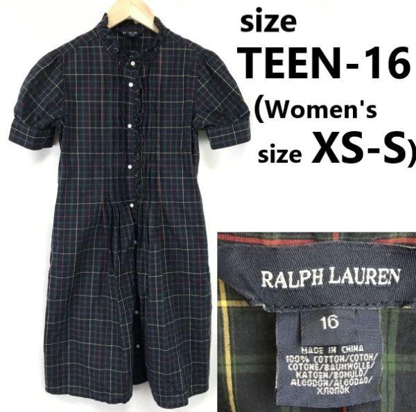 

RALPH LAUREN Short Sleeve Frill Shirt Dress Teen 16 Adult XS-S Navy Check Mini Length Spring Summer
