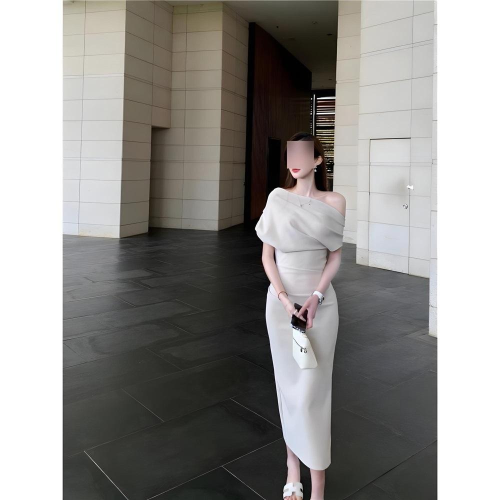 Off-Shoulder Casual Waist Temperament Pleated Dress Women's Summer Small Dress Long Dress Dress Clothes