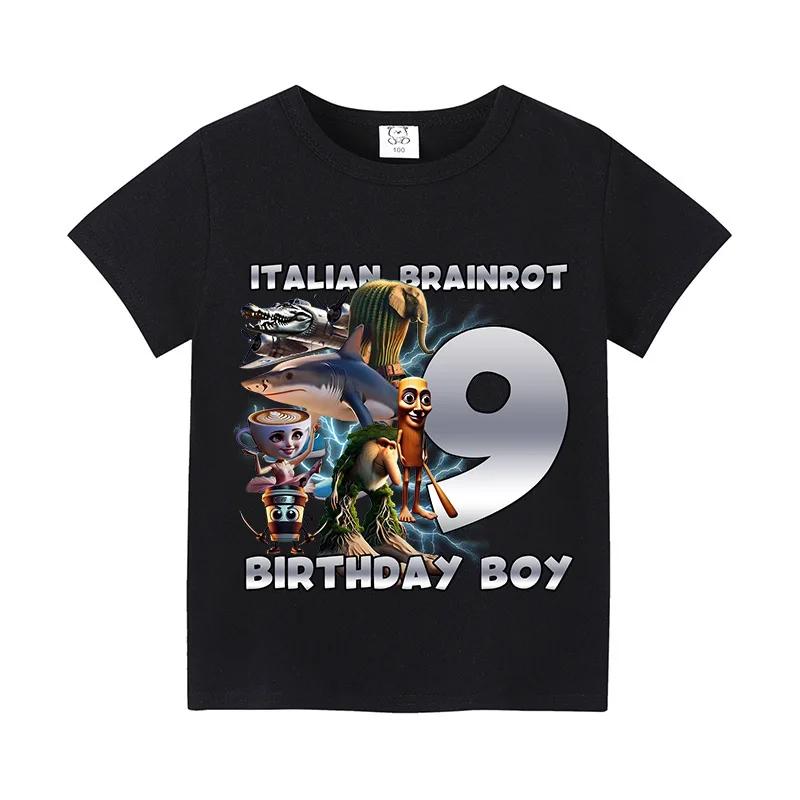 Italian Brainrot Shirts Birthday Number Short Sleeve T-Shirt Boy Cute Clothes Kid Cotton Anime Top Cartoon Digital Baby Tee Gift