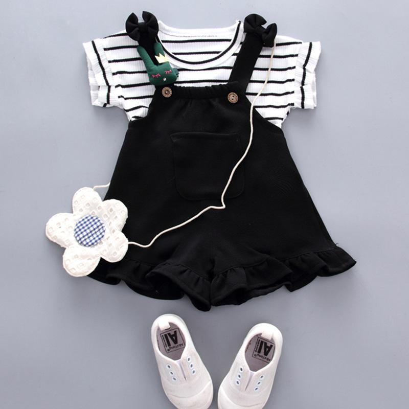 Summer Girls Babies Cute Striped Short Sleeved New Small Medium Sized Children's Shoulder Strap Short Sleeved Set Two-piece