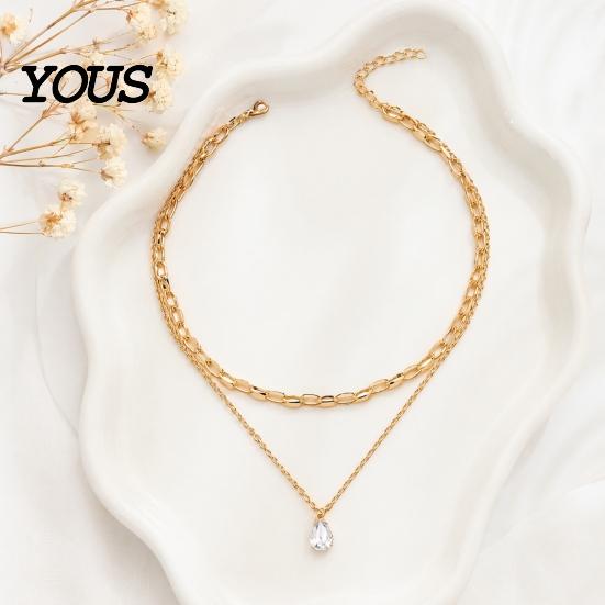 Double Layered Necklace Cubic Zirconia Drop Necklace, Double-Layered Chain Elegant Choker Wear-resistant Water Pendant Jewelry Gift for Women Wife Her