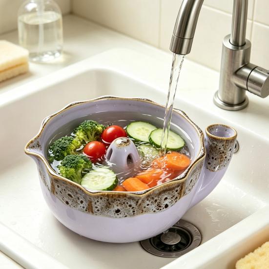 Multifunctional Kitchen Basin Ceramic Berry Bowl with Strainer Holes, Self-Spinning Vortex Design, Fruit Washing Rinse for Berries Vegetables Colander