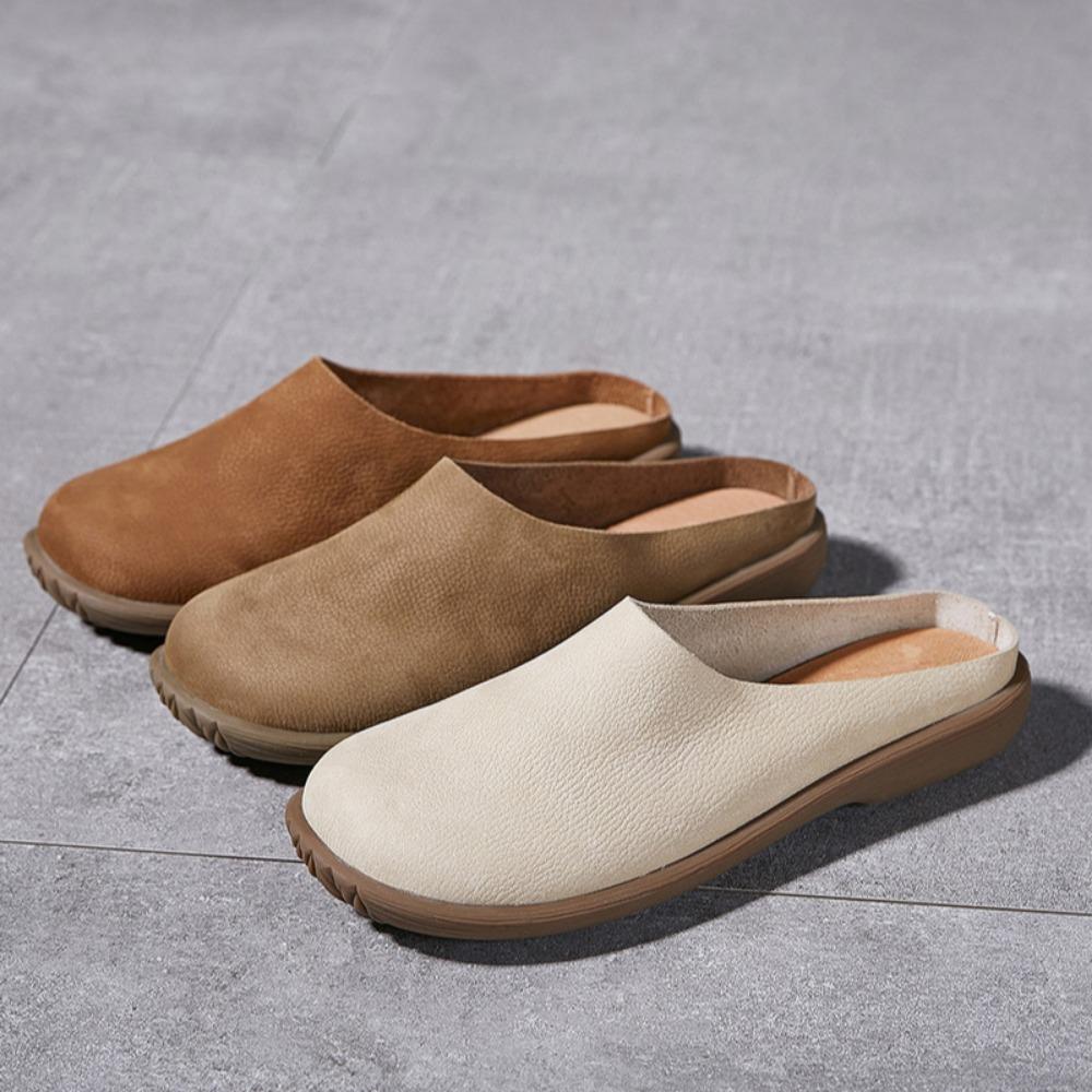 Women Genuine Leather Half Slippers Soft Bottom Anti Slip Odor Proof Mules Outdoor Indoor Casual Flat Sandals Summer