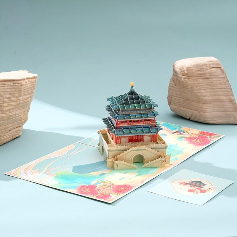Chinese New Year Card Handmade Paper Carving Bell Tower Holiday Greeting Card for Birthdays Weddings And Holidays Gift
