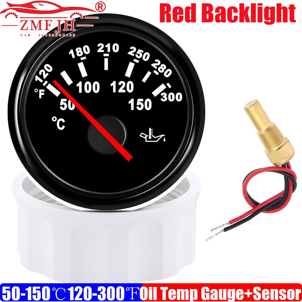 ZMFJH 2"52MM Oil Temperature Gauge Auto Car Boat Yacht 50-150℃,120-300℉ Oil Temp Meter Indicator with Sensor  Red Backlight