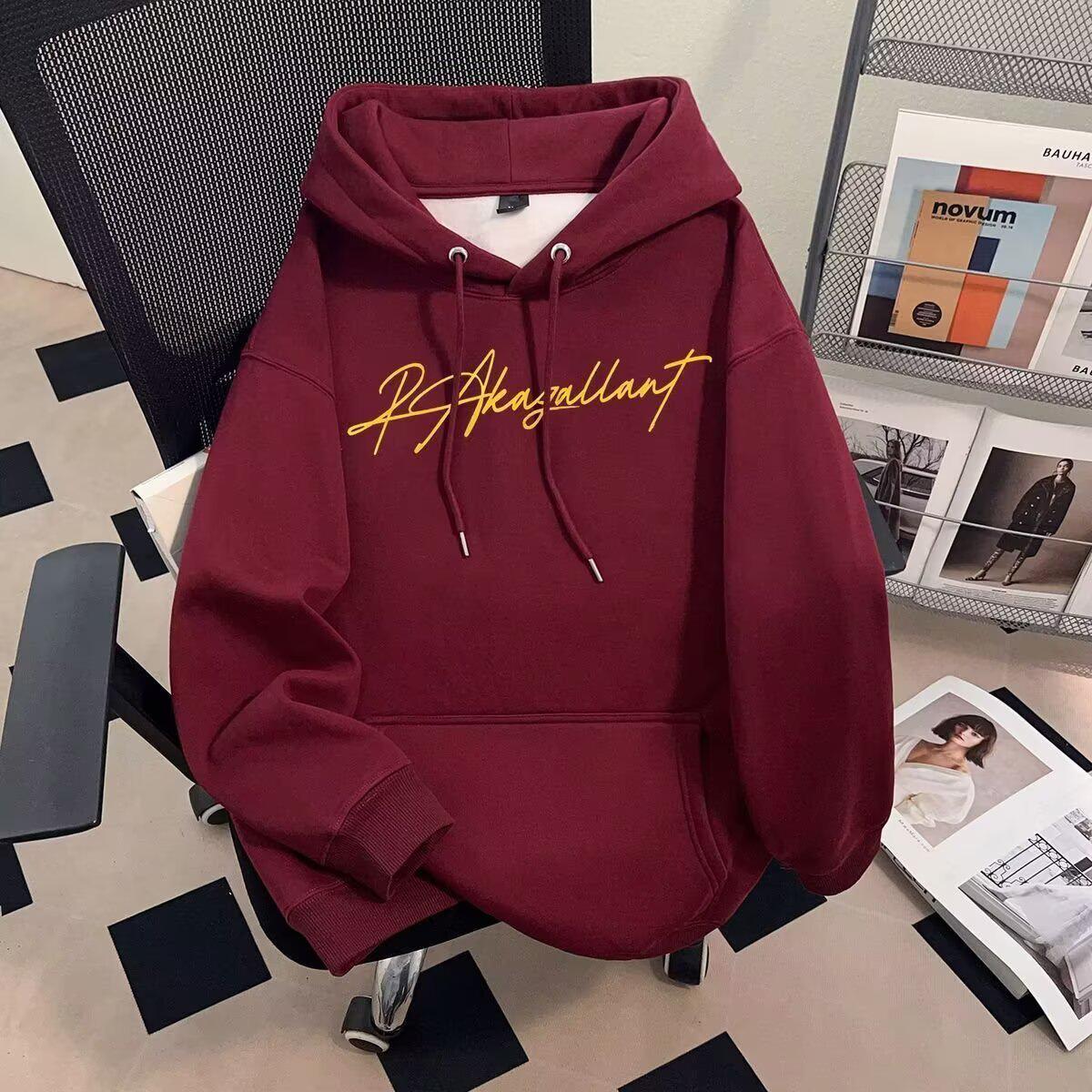 Men s Heavyweight Black Hoodie – American Style, Plus Velvet, Letter Print, Trendy Autumn/Winter Sweatshirt M