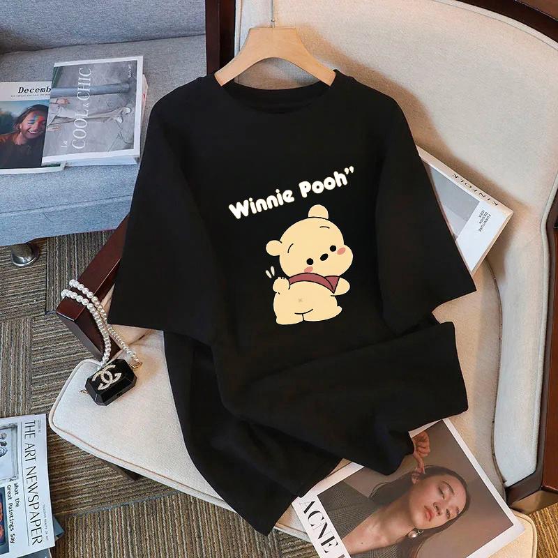 

Черная свободная футболка с коротким рукавом женская 2025 лето новый дизайн принт медведя свободный большой размер топ S