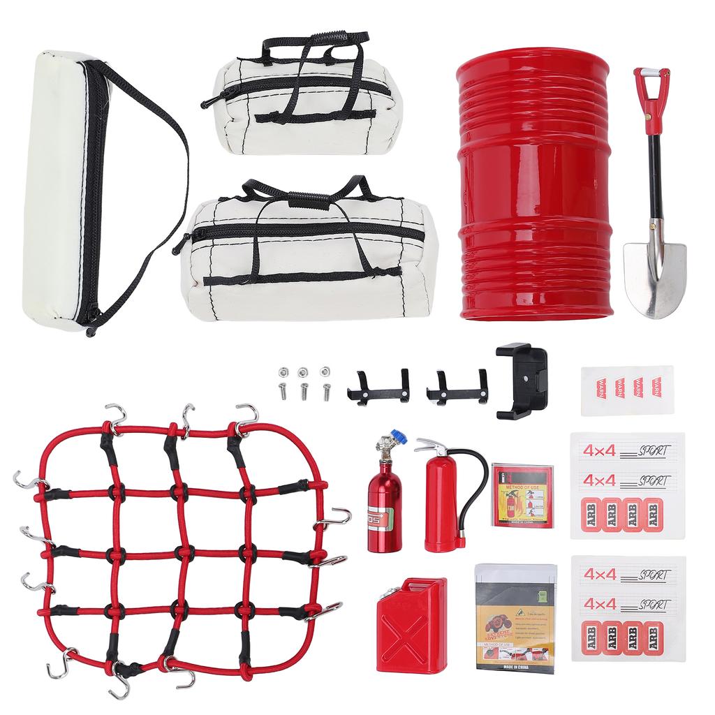Simulation Decor Set, Includes Bags, Luggage Net, Fuel Tank, Oil Drum, Jack, Fire Extinguisher and Shovel for 1:10