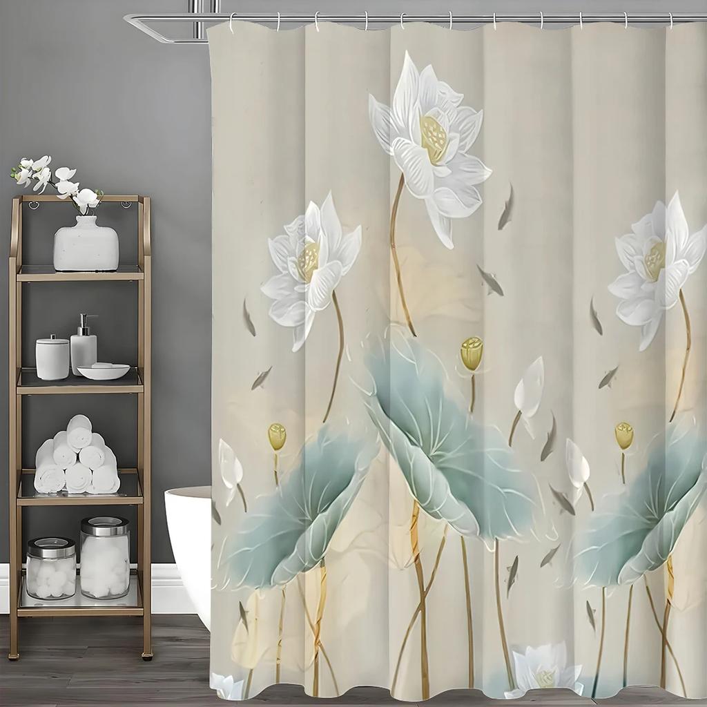 Chinese Ink Painting Lotus Flower Lotus Leaf Goldfish Shower Curtain, Bathroom Decorative Shower Curtain, Waterproof Shower Curt