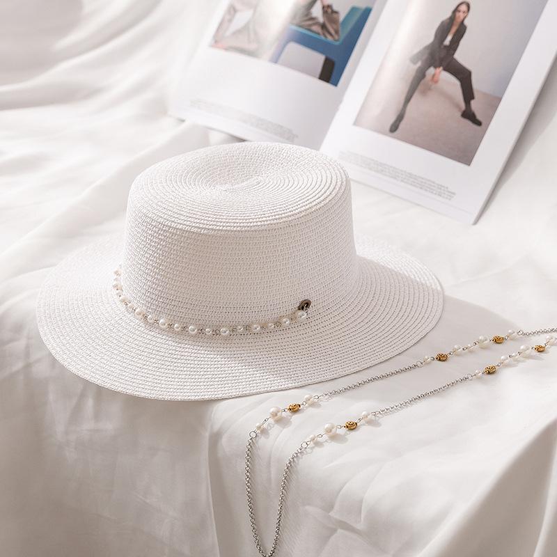 Summer Straw Sun Hat for Women - Faux Pearl Decorated, Stylish Protection for Face and Neck, Perfect for Outdoor Activities