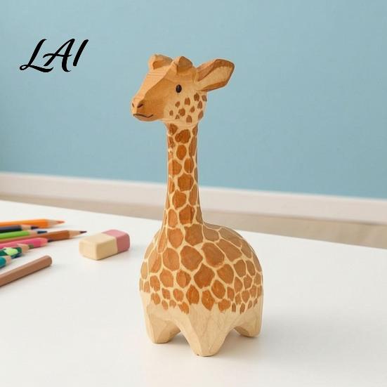 Natural Style Animal Ornaments Wooden Giraffe Figurine Cute Cartoon Ornament Minimalist Hand Carved Sculptures Statue Hand-Painted Decor