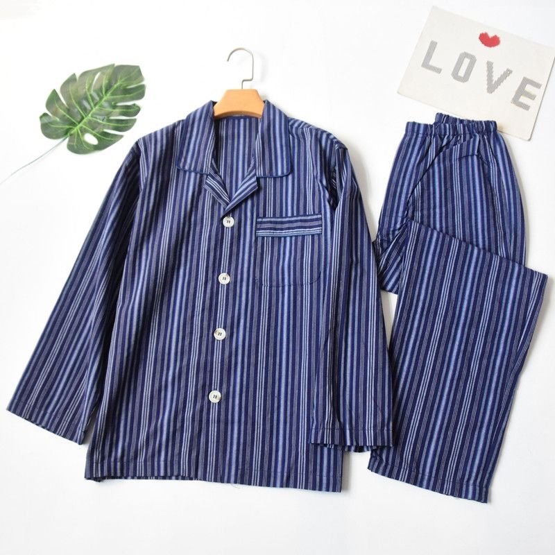 

Daily Order Spring & Fall Men Woven Cotton Stripes Long Sleeves Cardigan Pants Home Wear Pajamas Thin Suit Youth Navy blue Stripes S