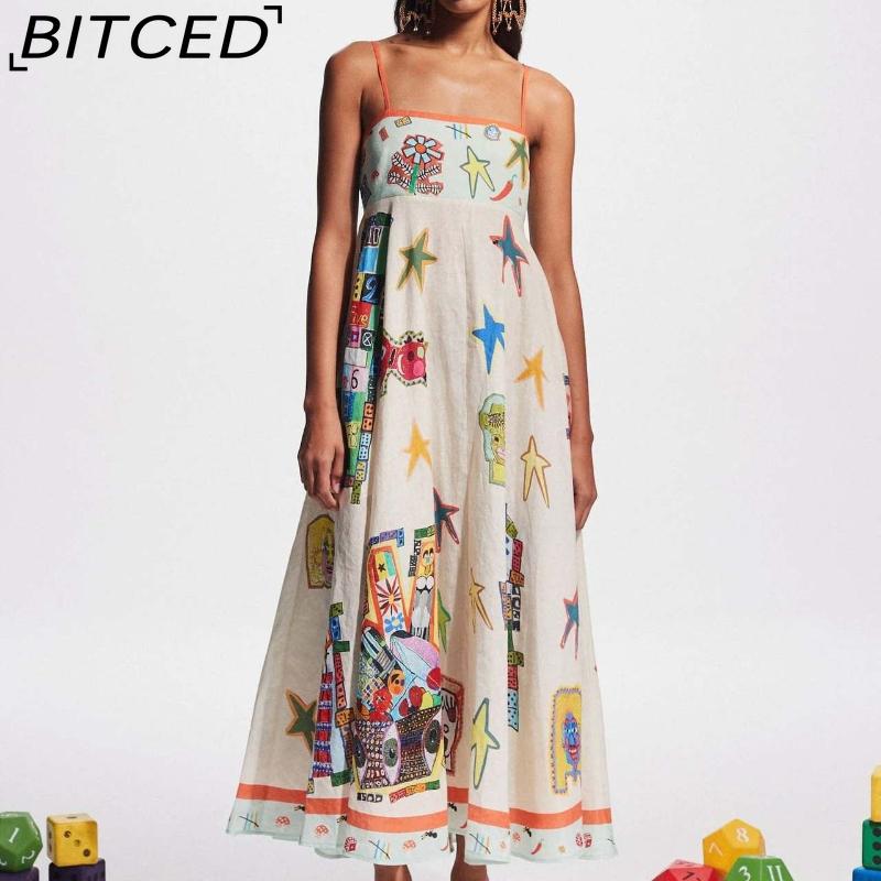 BITCED Spring/Summer Casual Maxi Dress for Women Spaghetti Strap Printed Linen 9 Colors Full-Skirted Dress