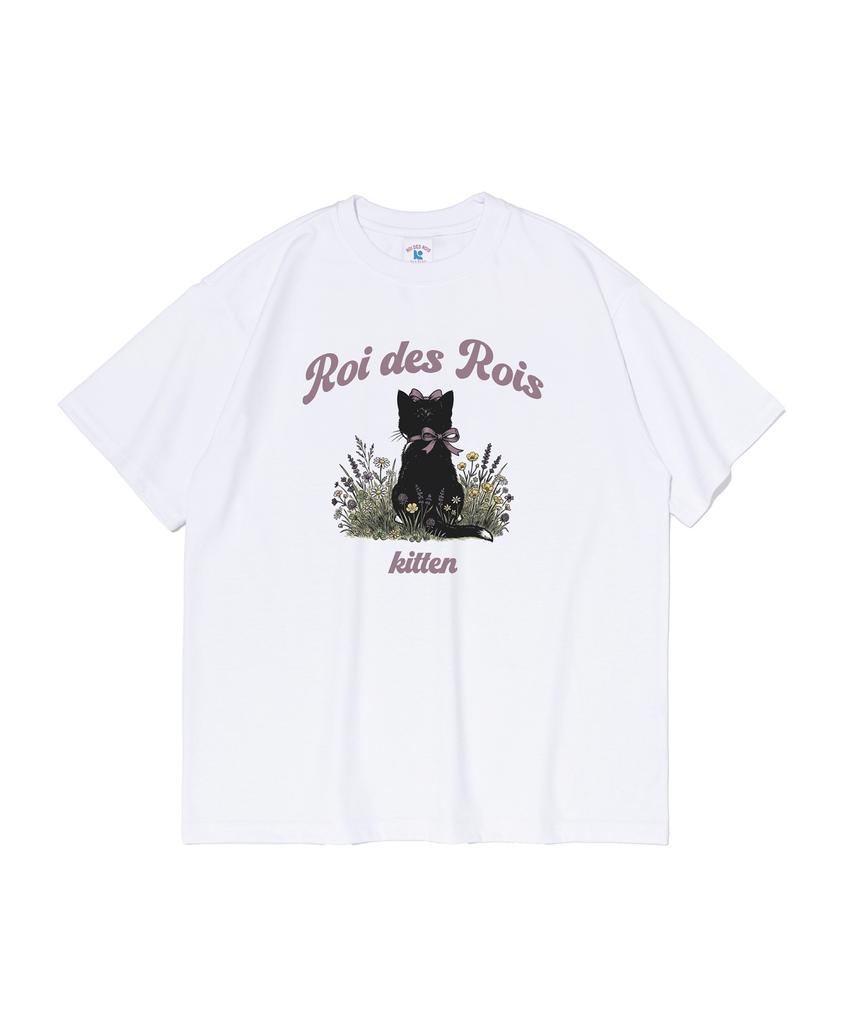 ROIDESROIS Flower Kitten Cat Graphic Short Sleeve T-Shirt (White)