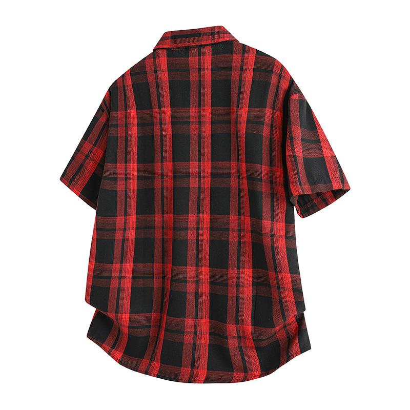 Men Oversized Short Sleeve Plaid Shirt Button Down Casual Loose Fit Streetwear Top