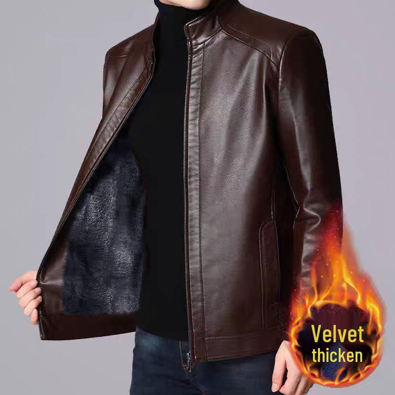 Men's Leather Jacket for Mid-Aged & Elderly: Fleece-Lined, Thickened, Windproof, Detachable Fur Collar, Winter Warmth for Dad.