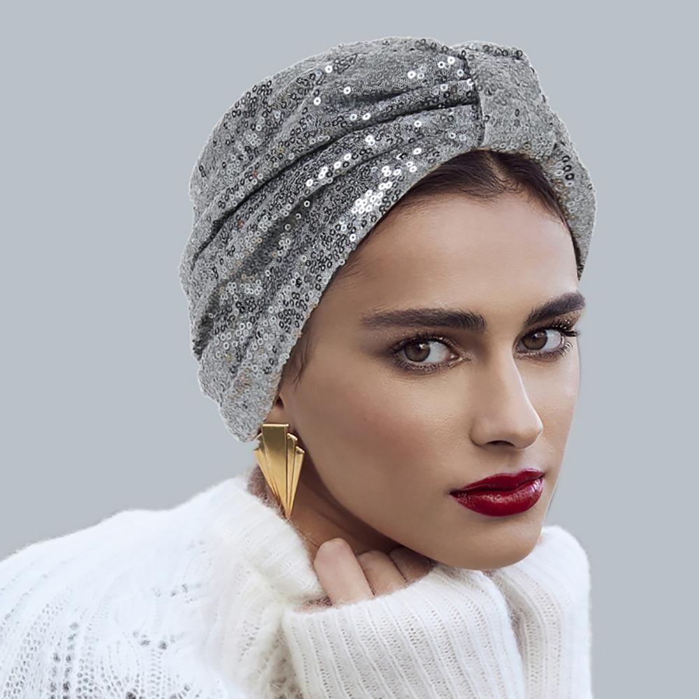 

Ramadan Muslim Sequin Turban Cap Headwear Muslim Sequin Hijab Scarf Elegant Turban Cap Women сірий