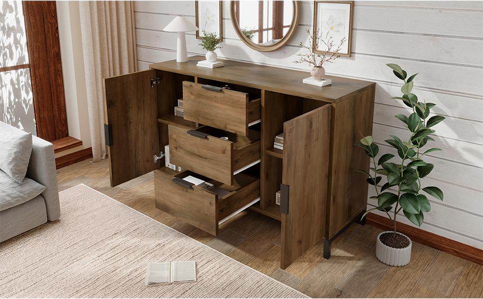 (=834647AAD) Kommode mit 2 Türen und 3 Schubladen, 120 x 40 x 76 cm in Dunkler Eiche, Verstellbarer Einlegeboden, Sideboard Highboard für Schlafzimmer & Alle Wohnräume