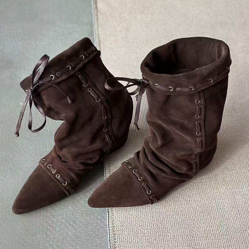 Cowhide version~ retro pleated pointed pile short boots women's 2025 new Maillard western cowboy boots Martin boots
