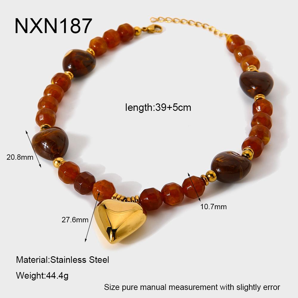 European and American retro acrylic brown beaded electroplating 18K stainless steel heart pendant necklace accessories women