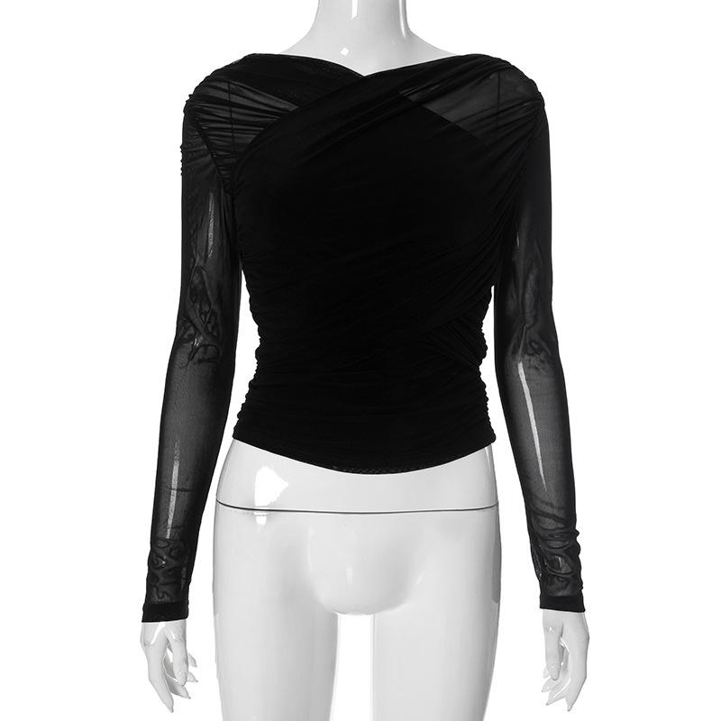 

Y24TP472 Женская сексуальная сетчатая плиссированная футболка с длинным рукавом - Однотонная, Европейская и американская осенняя мода L