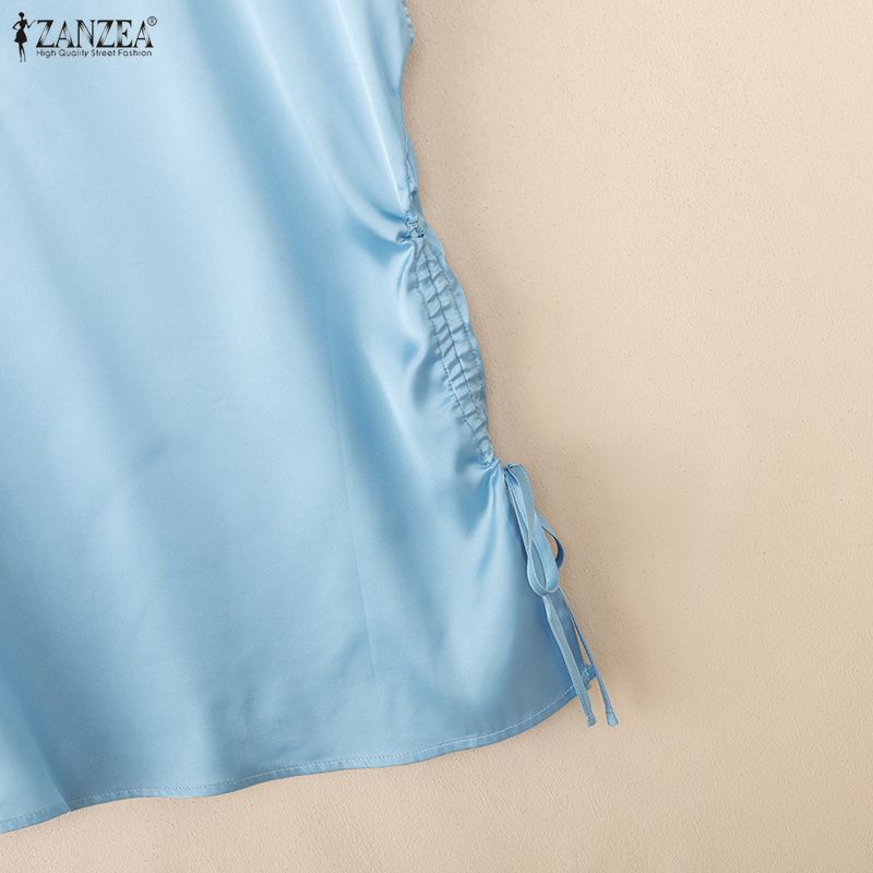 ZANZEA Womens Casual V-Neck Solid Color Drawstring Hem Loose Short Sleeve Blouse