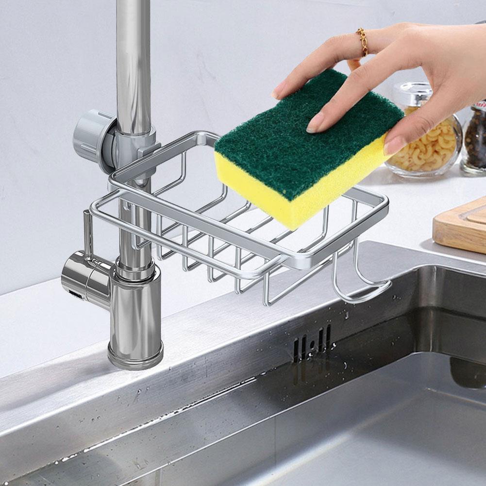 Kitchen Sink Faucet Organizer Detachable Sponge Holder for Kitchen Sink Faucet Drain Rack with Hook for Bathroom Scrubbers Soap