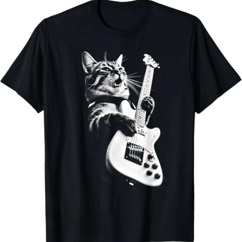 Rock Cat Playing Guitar - Funny Guitar Cat T-Shirt Couple Pure Cotton T-shirts T Shirts Anime Clothes T Shirt Men T Shirt