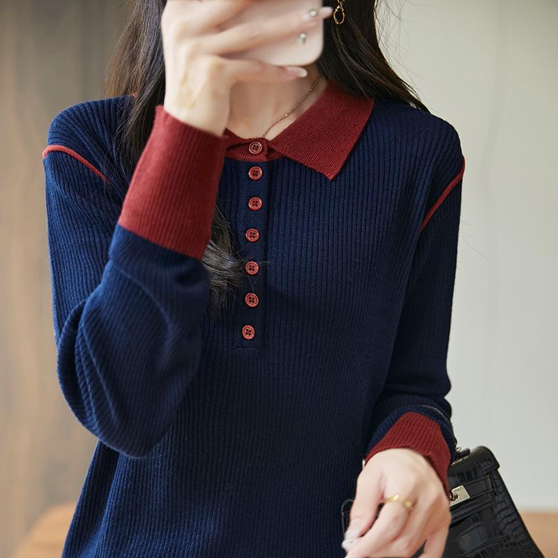 Color-Block Wool Knit Long Sleeve Polo Sweater