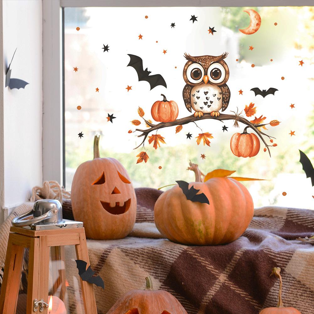 New Creative Owl Pumpkin Maple Leaf Static Window Stickers Store Home Decoration Double Sided Visual Stickers Removable