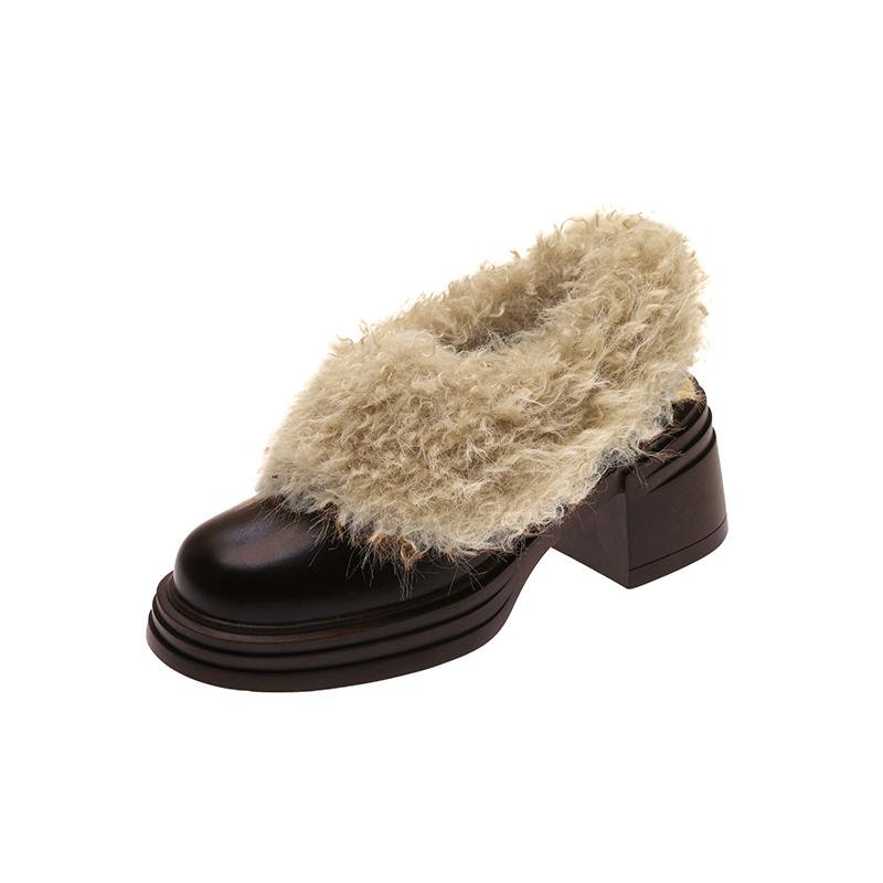 

Designer Winter Vintage Women Fur Lining Pumps Shoes Concise Shallow Short Plush Shoes Eelgant Dress Thick Heel Leather Shoes 35 коричневий