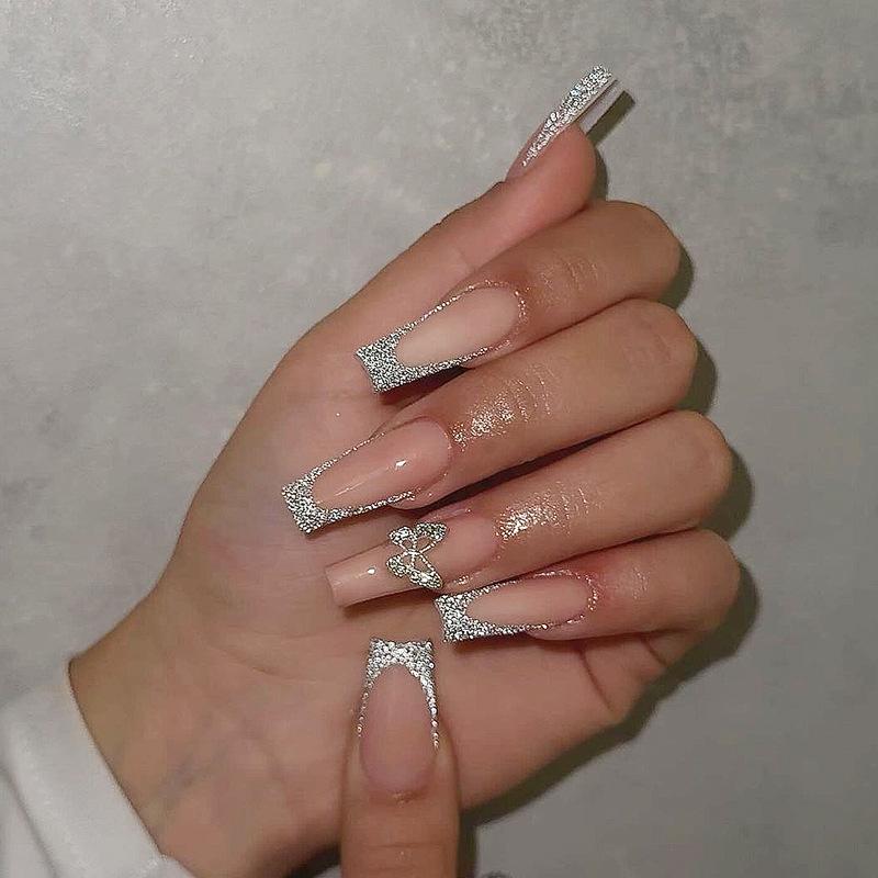 

2024 Valentine s Day Butterfly French Silver Powder False Nails