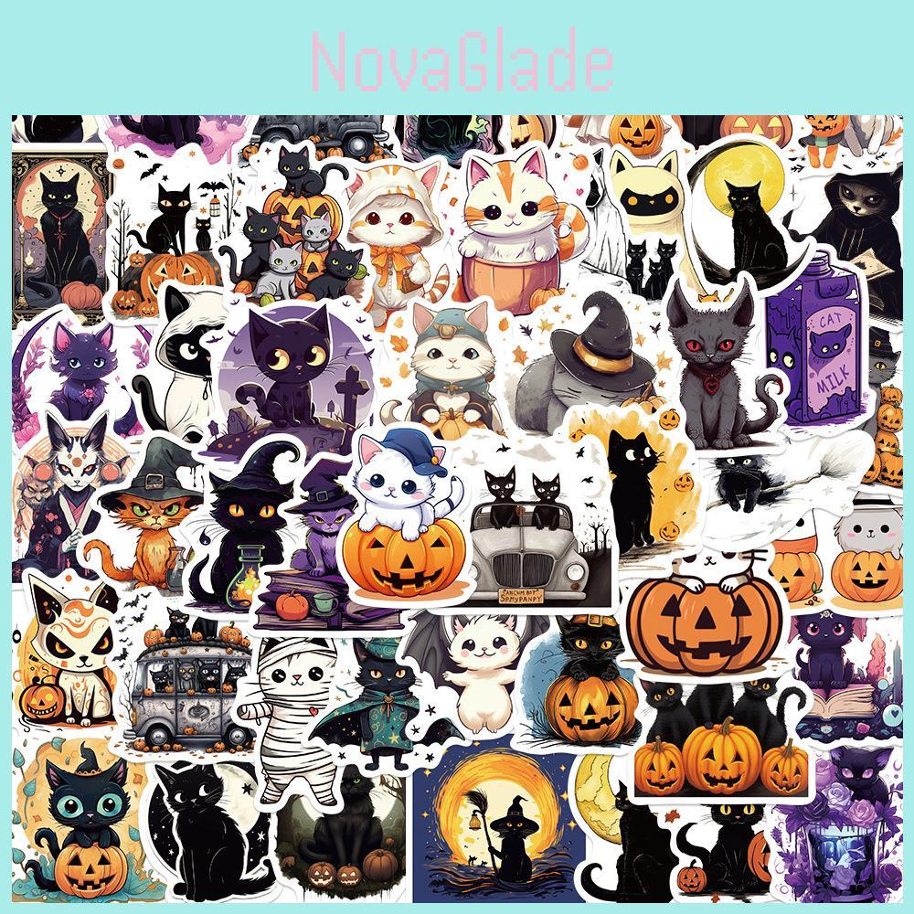 Pacote de Adesivos de Gato Fofo de Halloween Com 50 Peças Impermeáveis Decoração Diy Para Guitarra Caderno Mala